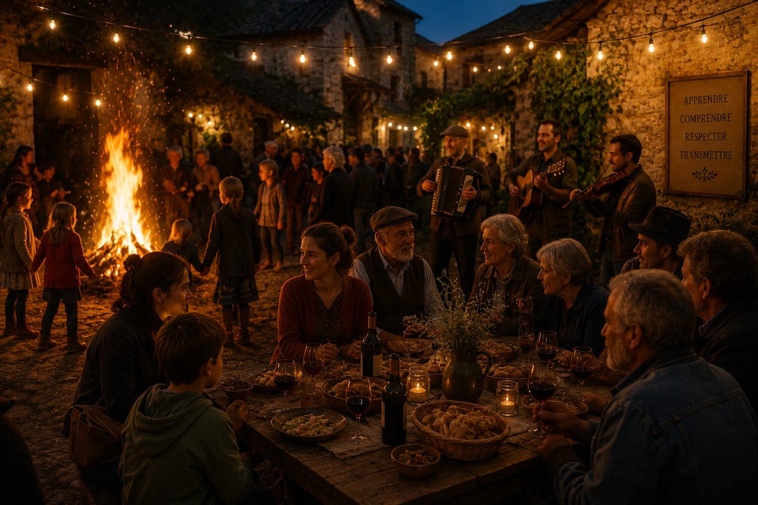 Fete saisonniere dans une Ferme FDLV : table festive en exterieur ou feu de joie, guirlandes simples, musiciens en arriere-plan, ambiance chaleureuse de soir, lumiere doree.
