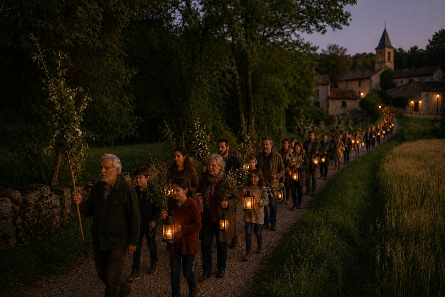 Procession ou marche rituelle dans un paysage de Ferme FDLV : file de villageois marchant sur un chemin entre champs et arbres, branches, fleurs ou lanternes portees, lumiere douce de fin de journee.