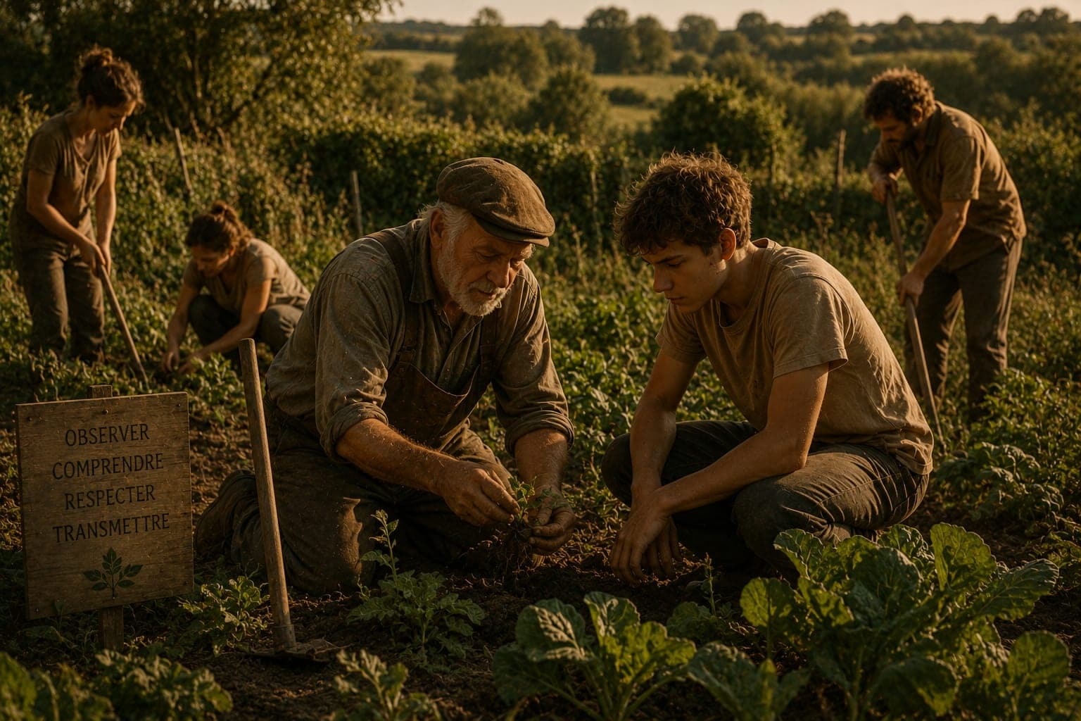 Transmission de gestes au champ dans une Ferme FDLV : un ancien paysan montre une technique a un jeune apprenti dans un champ cultive, outils manuels en main, fond de bocage, lumiere naturelle douce.