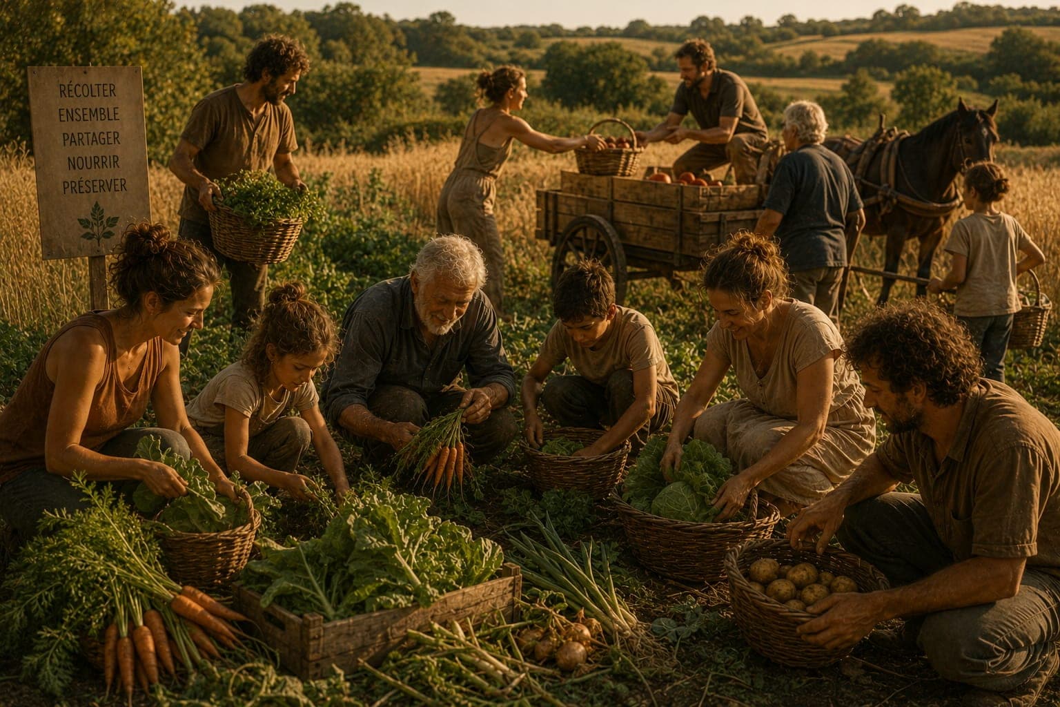 Recolte collective dans une Ferme FDLV : groupe de plusieurs generations recoltant ensemble legumes, ble ou fruits, paniers d'osier, charrette en arriere-plan, lumiere naturelle douce.