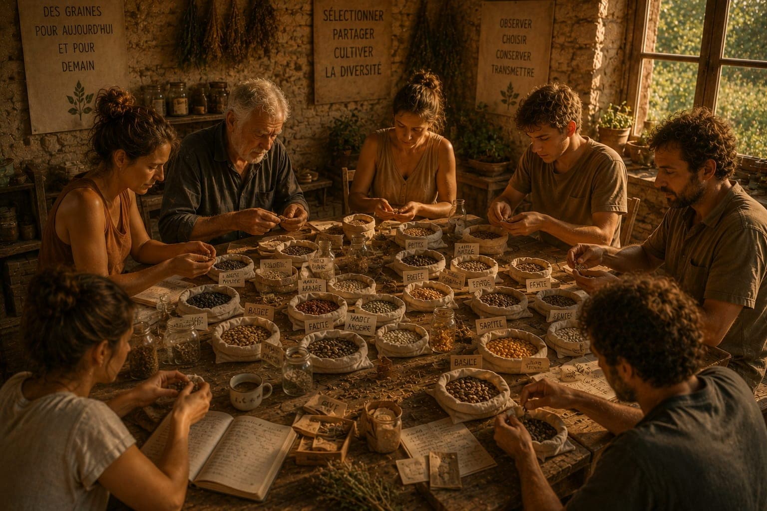 Selection de semences a la main dans une Ferme FDLV : mains tenant des graines variees dans des sachets en tissu, etiquettes manuscrites, table en bois clair, lumiere naturelle douce.