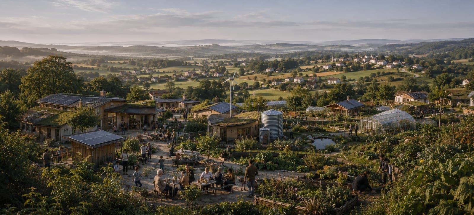 Reseau de villages resilients relies a l'echelle d'un territoire.