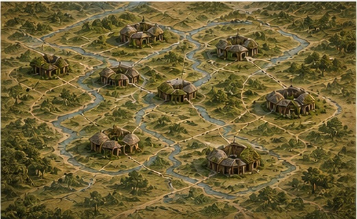 Carte d'un reseau de villages interconnectes.