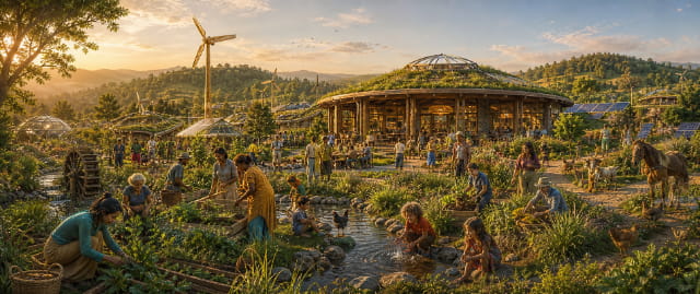 Panoramique d'un village resilient et vivant.